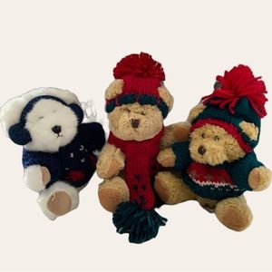 Set of Three Christmas Teddy Bears in Knitted Hats, Scarves or Sweaters